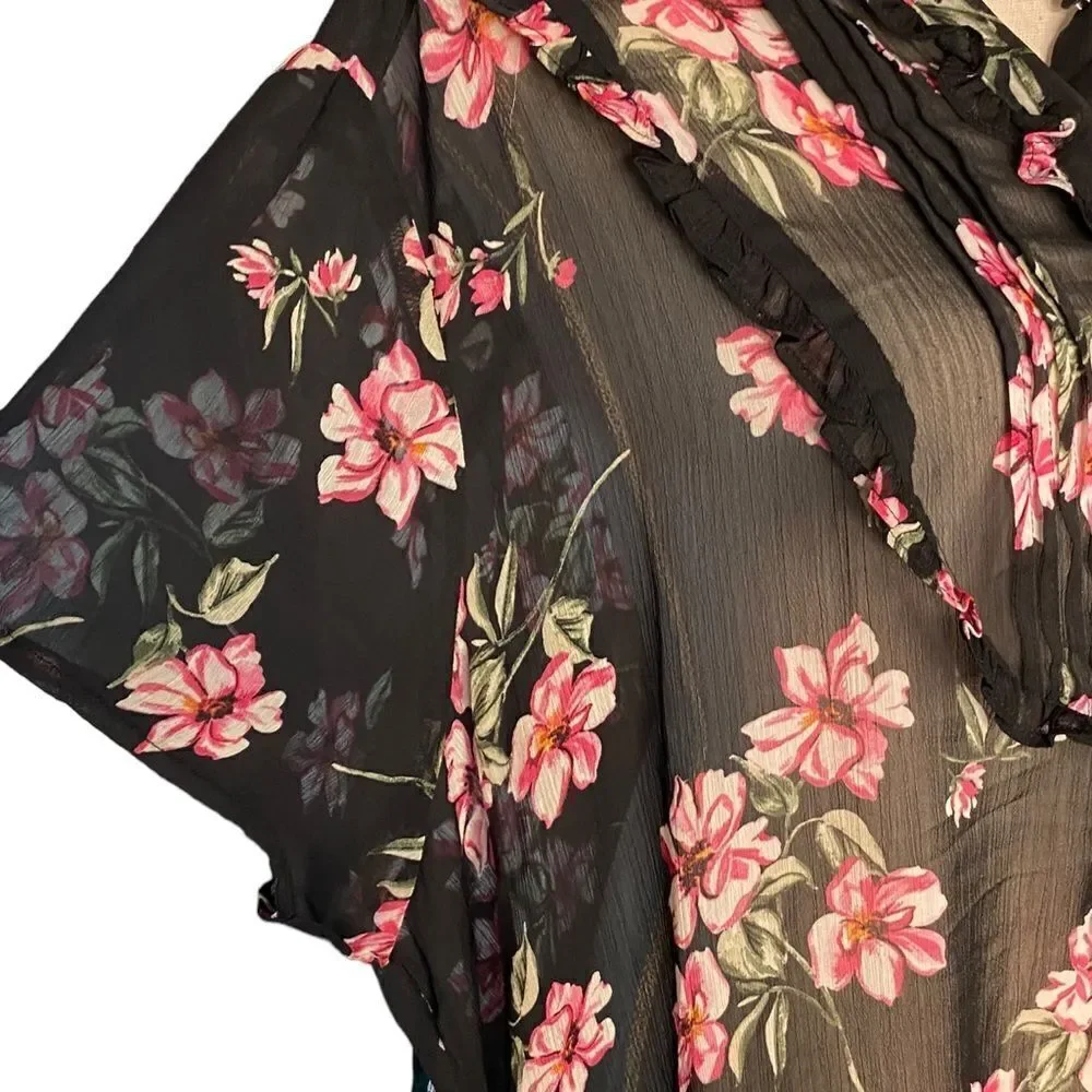 Torrid Wm’s Sz 4 Black Pink Floral Bubble Hem Sheer Chiffon Blouse